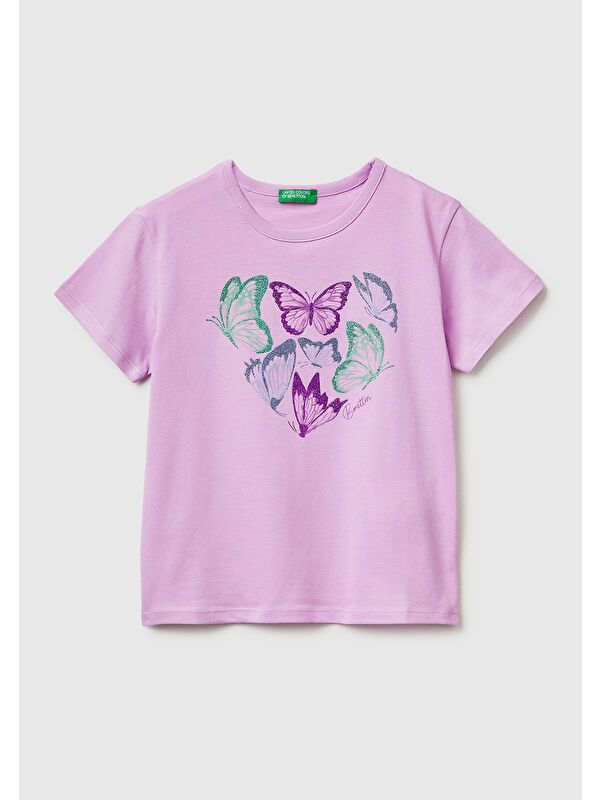 United Colors Of Benetton Kız Çocuk Pembe Simli Grafik Baskılı Yuvarlak Yaka T-Shirt