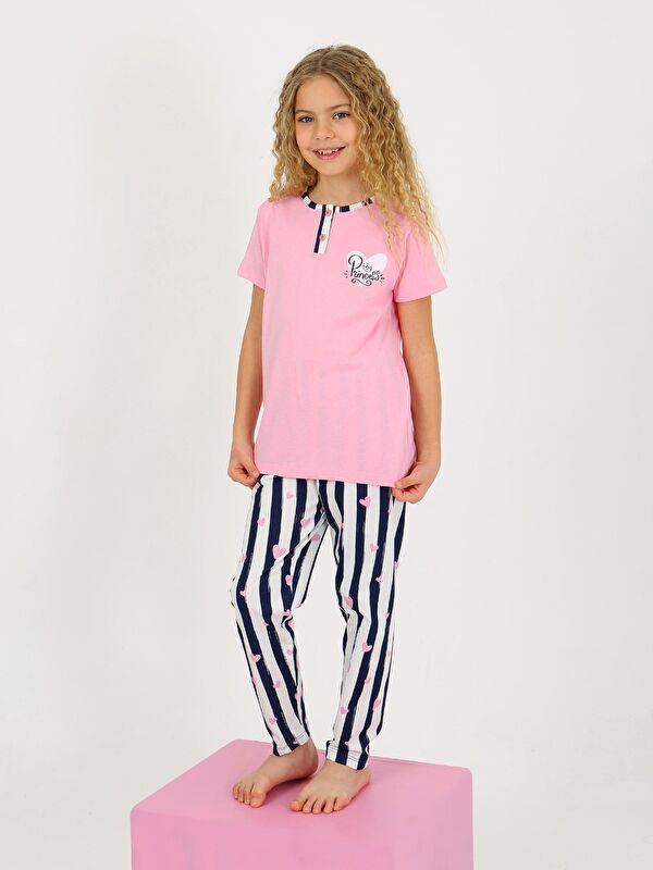 Vitmo Kız Çocuk Kısa Kollu Düğme Detaylı %100 Pamuklu Pijama Takımı Princess Heart