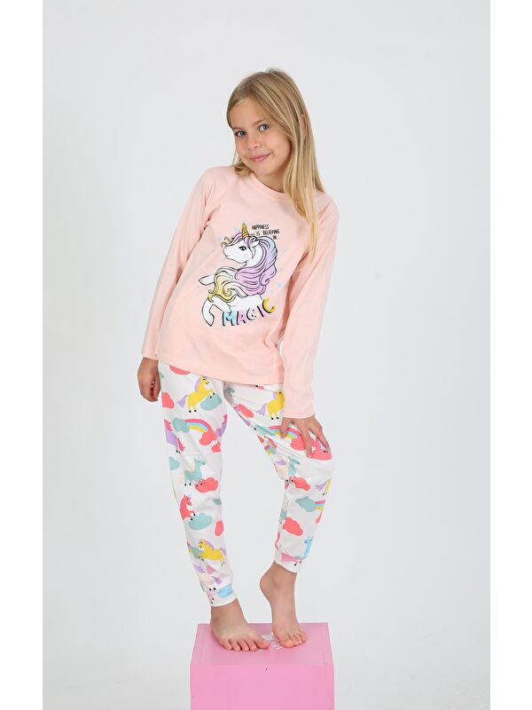 Vitmo Kız Çocuk Uzun Kollu %100 Pamuklu Pijama Takımı Happines Somon