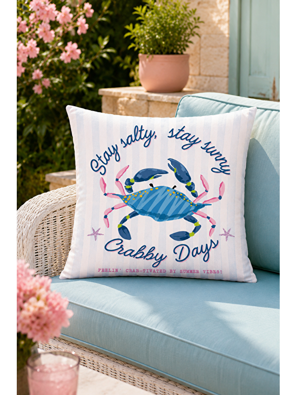 Evmila Crabby Days Mavi Yengeç Yazı Baskılı Dekoratif Kırlent Kılıfı Marin Dekor 43x43 cm