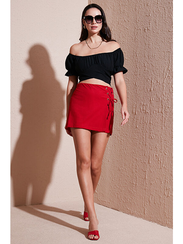 Lela Streç Bağlamalı Slim Fit Yüksek Bel Mini Şort Etek 5865745