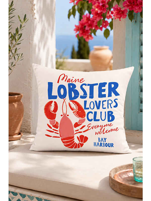 Evmila Maine Lobster Lovers Club Marin Dekoratif Kırlent Kılıfı Yazlık Ev Dekor 43x43 cm