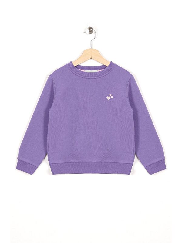 Zepkids Bisiklet Yaka Kalp Nakışlı Şardonlu Kız Çocuk Sweatshirt