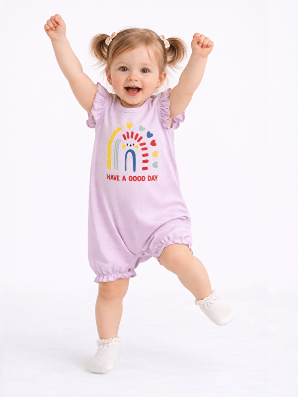 Luggi Baby Bisiklet Yaka Baskılı Kız Bebek Jakarlı Kısa Tulum