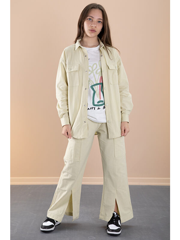 Cansın Mini Yeşil Kız Çocuk Çiçek Baskılı Gömlekli Jogger Pantolonlu 3lü Takım 20475