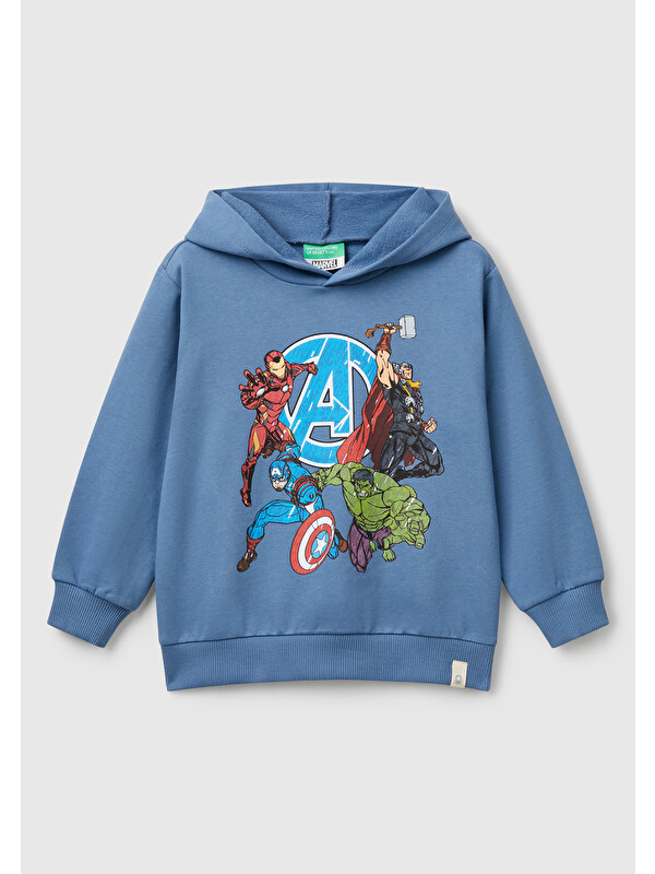 United Colors Of Benetton Erkek Çocuk Havacı Mavi Marvel Kahraman Baskılı Etiket Logolu Kapüşonlu Sweatshirt