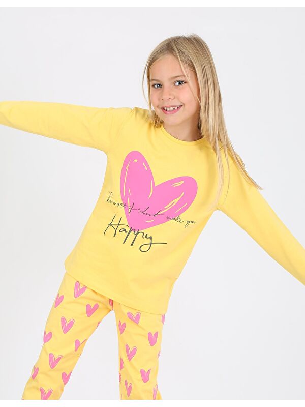 Vitmo Kız Çocuk Uzun Kollu %100 Pamuklu Pijama Takımı Happy Heart Sarı