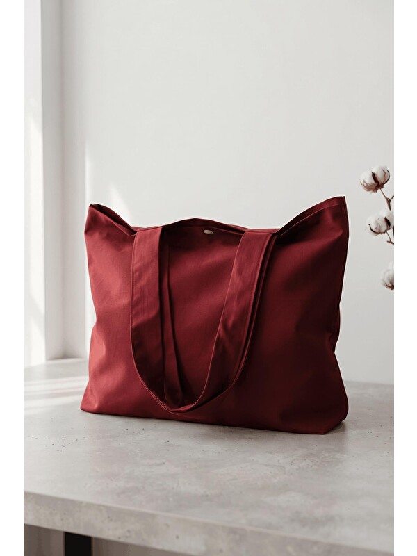 Bagg Kadın Bordo Omuz Çantası Çıtçıt Kapatmalı Geniş Bez Tote Bag