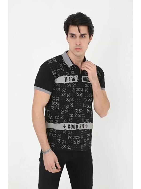 Jane's Erkek Yakalı Slim Fit Baskılı Tişört - Siyah