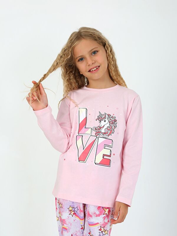 Vitmo Kız Çocuk Uzun Kollu %100 Pamuklu Pijama Takımı Star Love Toz Pembe