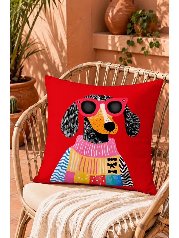 Evmila Gözlüklü Köpek Pop Art Desenli Dekoratif Kırlent Kılıfı Modern Salon Dekor 43x43 cm