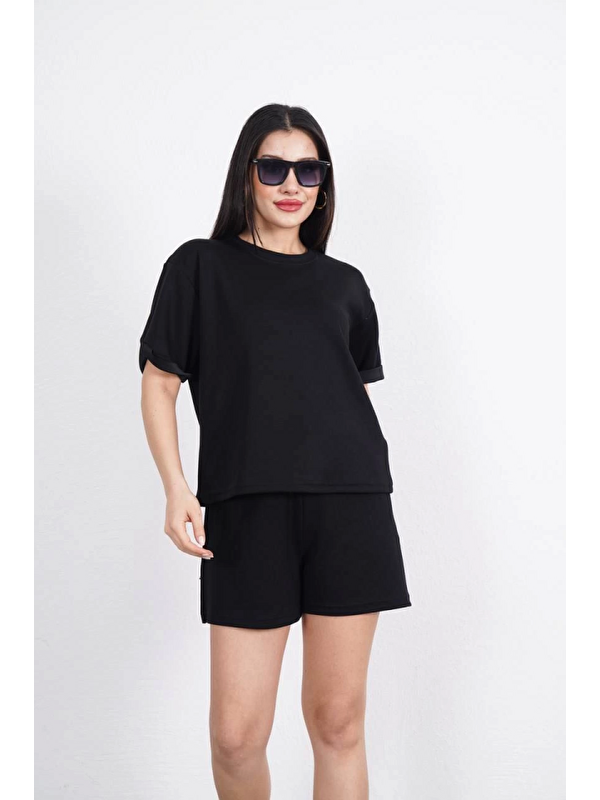 Jane's Osy Modal Yumuşak Dokulu Kumaş Bisiklet Yaka T-shirt Kısa Şort İkili Takım - Siyah