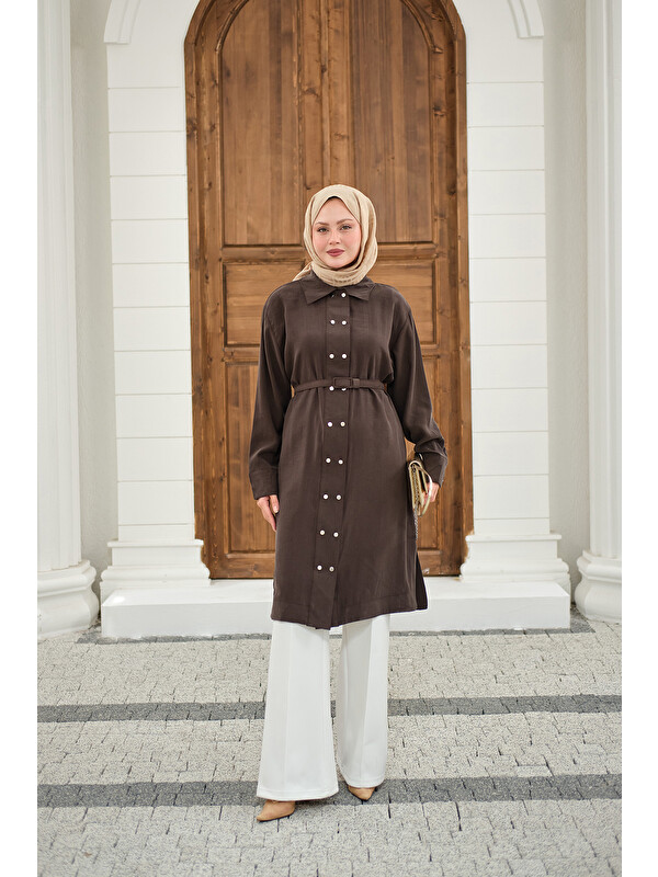 Locco Moda Kadın Gömlek Yaka Çift Düğmeli Uzun Tunik Kahverengi