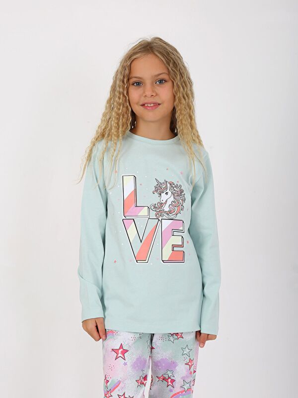 Vitmo Kız Çocuk Uzun Kollu %100 Pamuklu Pijama Takımı Star Love Mint
