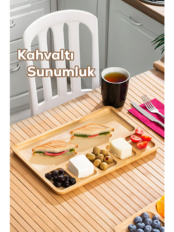 Porsima 2075 Ahşap Bambu Kahvaltı Sunum Tabağı 6 Bölmeli Kahvaltılık Çerezlik 33x22cm