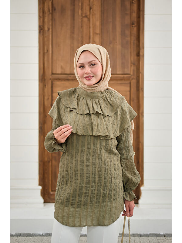 Locco Moda Kadın Kendinden Çizgi Desenli Yaka Büzgülü Tunik Yeşil