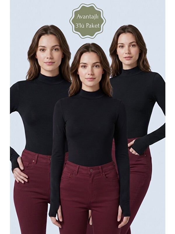 Saade 3-Siyah Yarım Balıkçı Yaka Parmak Geçmeli Uzun Kollu Body/Bluz - 3'lü Paket
