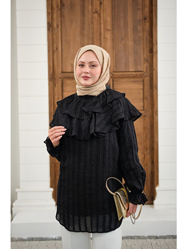 Locco Moda Kadın Kendinden Çizgi Desenli Yaka Büzgülü Tunik Siyah