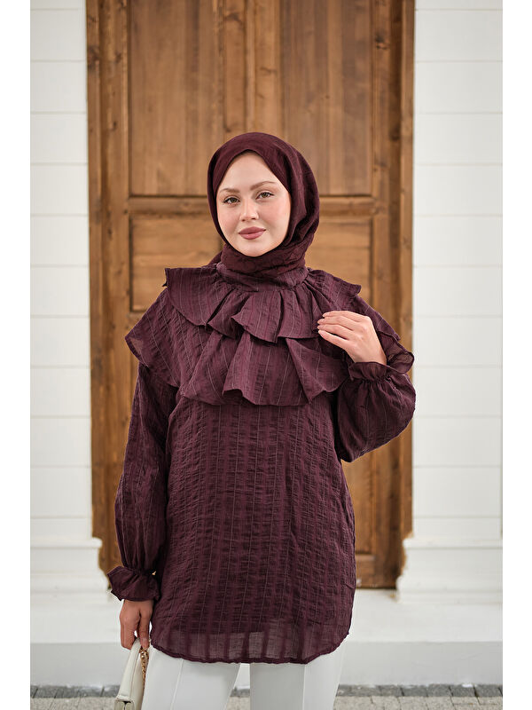 Locco Moda Kadın Kendinden Çizgi Desenli Yaka Büzgülü Tunik Mürdüm