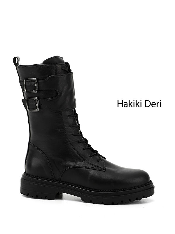 GÖNDERİ(R) Kadın ZÜMRÜT-SİYAH Fermuarlı ve Bağcıklı Toka Detaylı Hakiki Deri Postal Bot