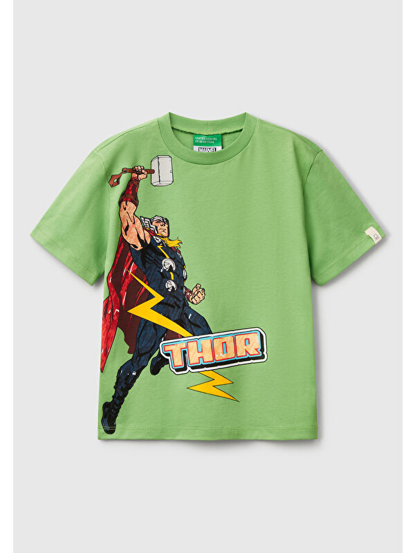 United Colors Of Benetton Erkek Çocuk Fıstık Yeşili Marvel Kahraman Baskılı Logo Etiketli Tişört