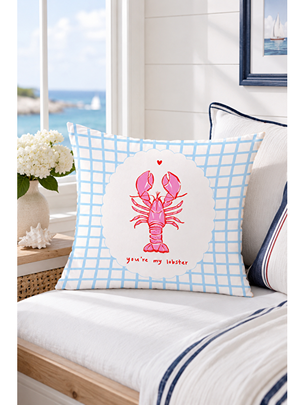 Evmila You're My Lobster Istakoz Yazı Baskılı Dekoratif Kırlent Kılıfı Marin Dekor 43x43 cm
