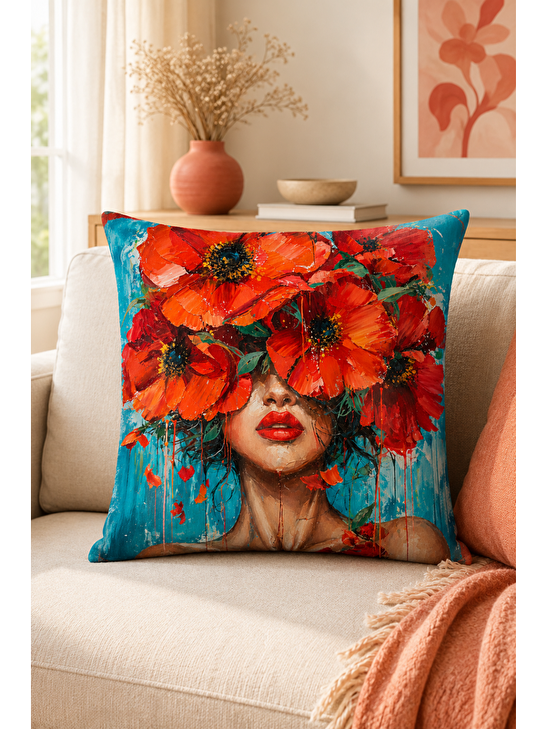 Evmila Kırmızı Çiçekli Kadın Portre Desenli Dekoratif Kırlent Kılıfı Bohem Dekor 43x43 cm