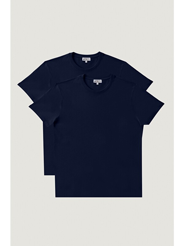 AC&Co / Altınyıldız Classics Erkek Lacivert-Lacivert Slim Fit Bisiklet Yaka 2'li Düz Tişört Paketi