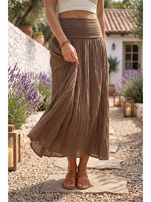 Chiccy Camel Astarlı Katlanabilir Kumaş Bel Casual Pamuklu Uzun Dokuma Etek 95 65