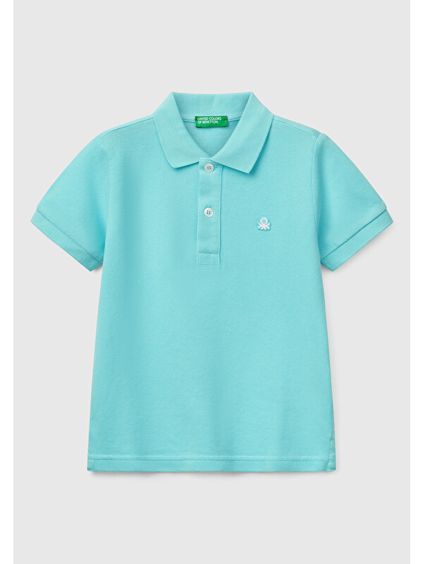 United Colors Of Benetton Erkek Çocuk Su Yeşili Logolu Pike Polo Tişört