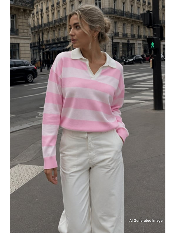 Madmext Pembe Çizgili Polo Yaka Kadın Kazak Mg2882