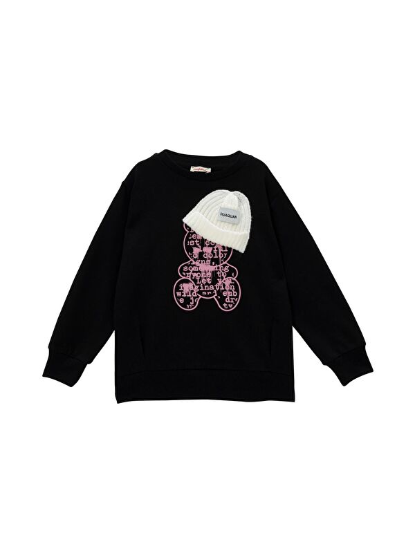 ZEYLAND Kız Çocuk Ayı Baskı Şapka Aksesuarlı Sweatshirt - Siyah