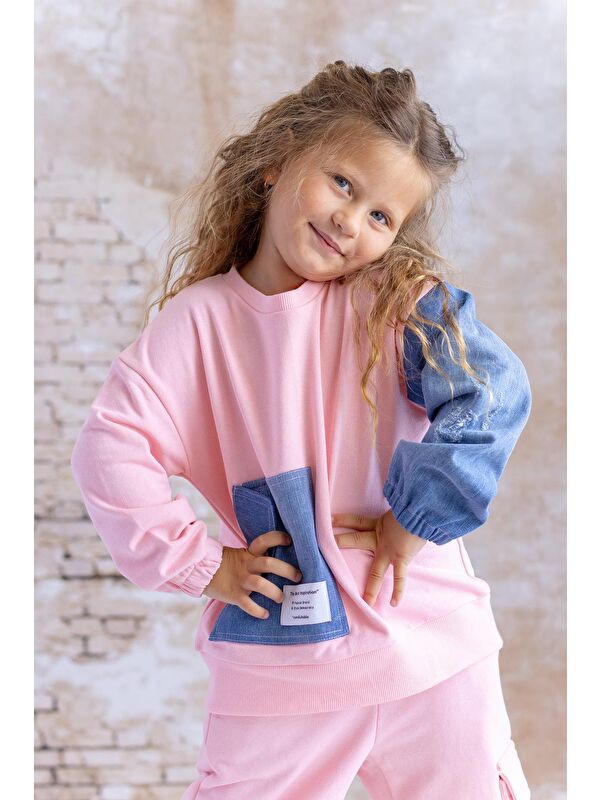 ZEYLAND Kız Çocuk Jean Garnili Cep Detaylı Sweatshirt - Pembe