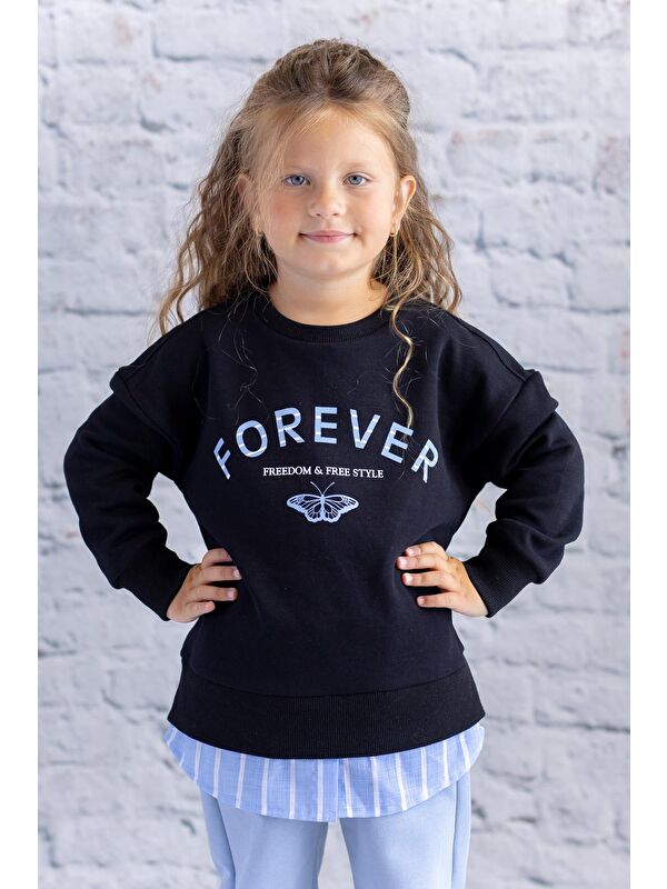 ZEYLAND Kız Çocuk Gömlek Detaylı Baskılı Sweatshirt - Siyah