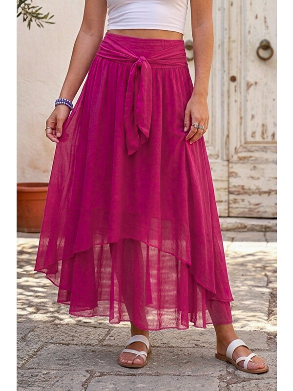 Chiccy İtalyan Fuşya Astarlı Kuşaklı Casual İpek Uzun Dokuma Etek 90 65