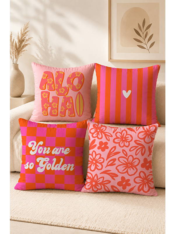 Evmila Aloha Çiçek ve Çizgi Desenli Dekoratif Kırlent Kılıfı 43x43 cm Retro Yazlık Dekor