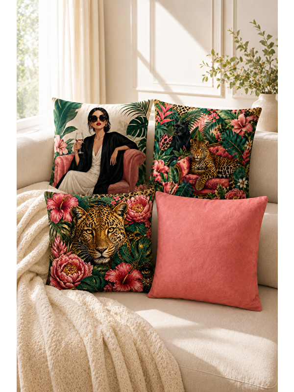 Evmila Tropikal Leopar ve Kadın Baskılı Dekoratif Kırlent Kılıfı 43x43 cm Modern Dekor