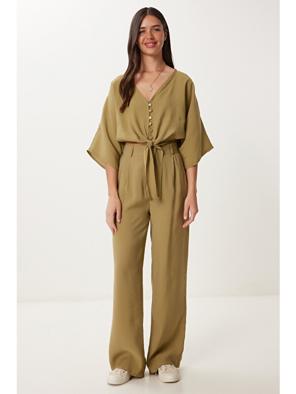 Happiness İstanbul Modal Bluz Pantolon Takım ZEYTİN YEŞİLİ LBV0069