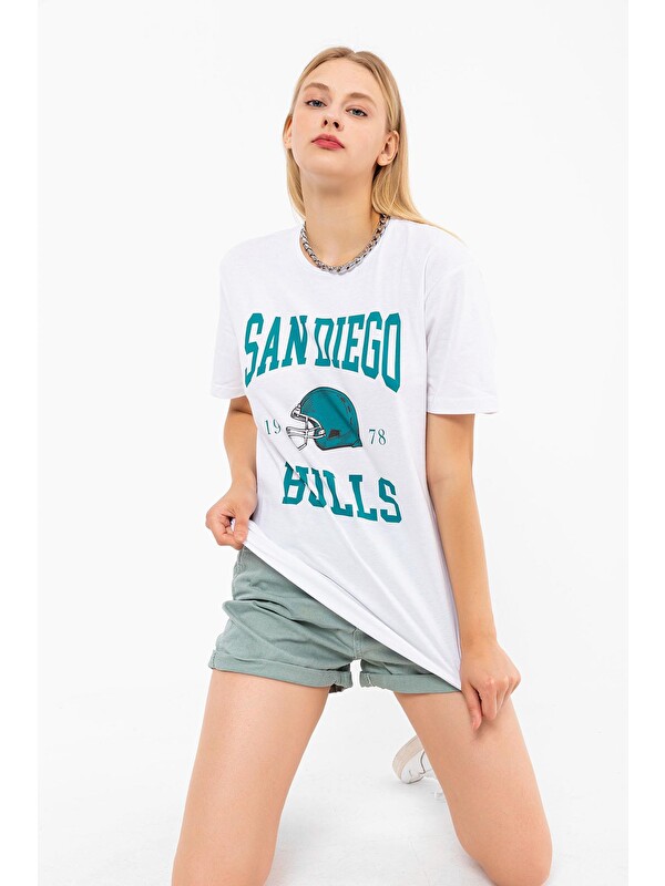Blah. Bisiklet Yaka San Dİego Baskılı Beyaz Oversize Kadın Unisex Tişört