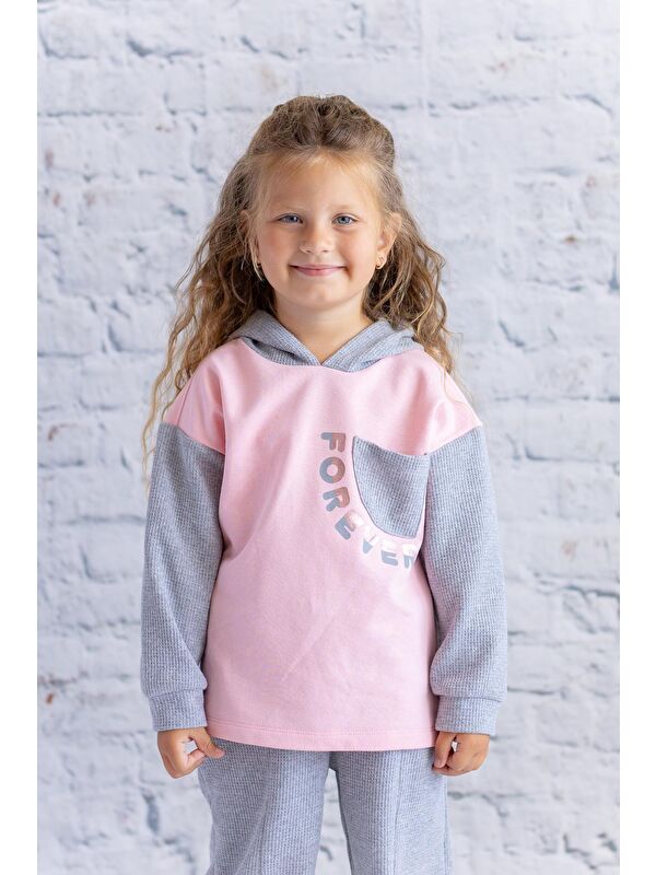 ZEYLAND Kız Çocuk Waffle Kumaş Garnili Baskılı Sweatshirt - Pembe