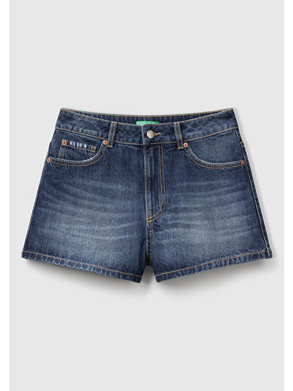 United Colors Of Benetton Kadın Koyu Mavi %100 Pamuk 5 Cepli Denim Şort