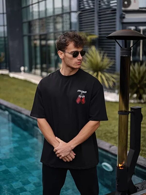 Jane's Unisex Bisiklet Yaka Baskılı Oversize T-Shirt - Siyah