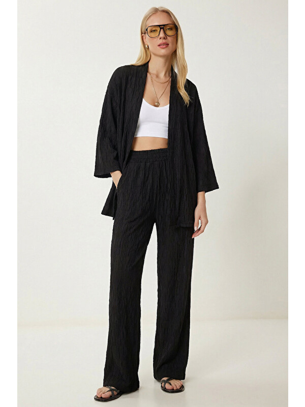 Happiness İstanbul Dokulu Oversize Örme Kimono Takım SİYAH LBY0041