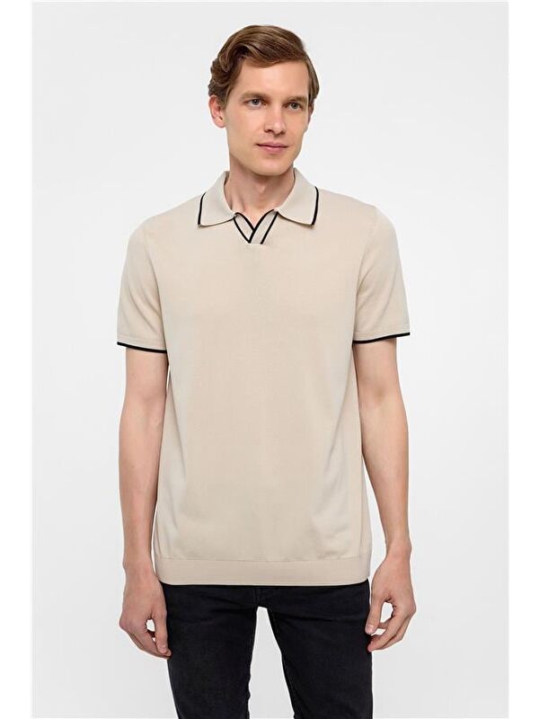 Süvari Bej Regular Düz Polo Yaka Triko