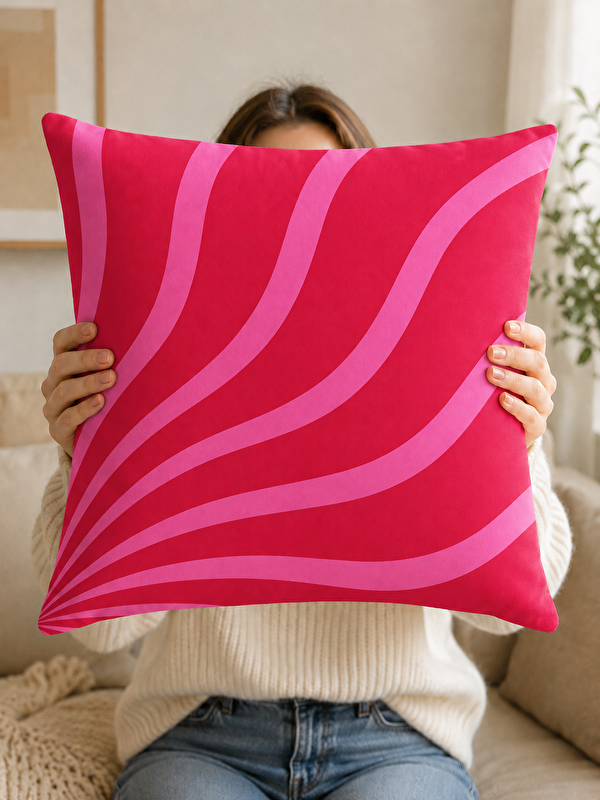 Evmila Pembe Dalga Soyut Desenli Dekoratif Kırlent Kılıfı Modern Minimal Dekor 43x43 cm