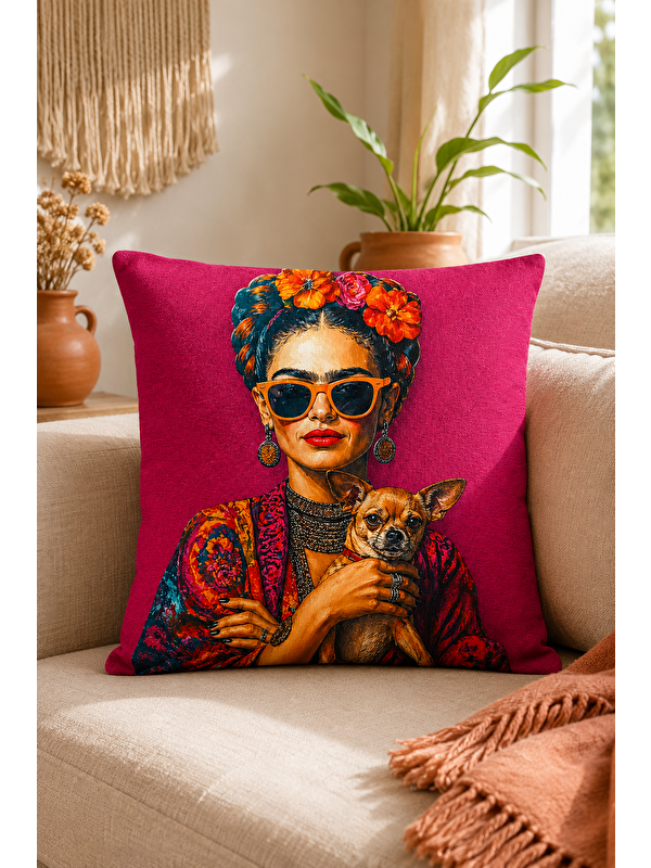 Evmila Çiçek Taçlı Kadın Köpek Desenli Dekoratif Kırlent Kılıfı Bohem Pop Art Dekor 43x43 cm