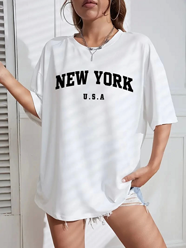 Jane's New York Baskılı Oversize Bisiklet Yaka T-shirt - Beyaz