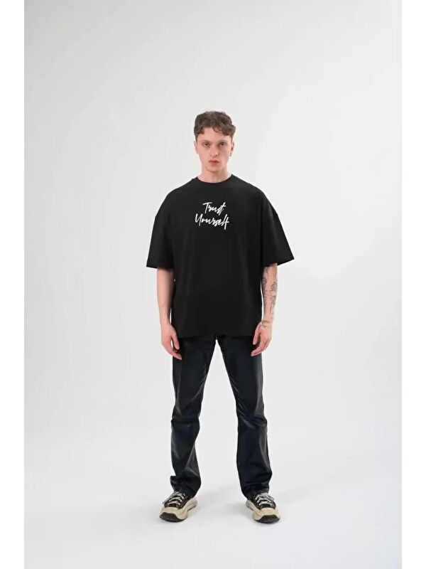 Jane's Unisex Bisiklet Yaka Baskılı Oversize T-Shirt - Siyah