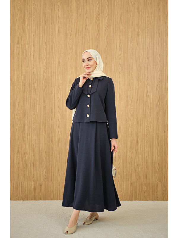 Locco Moda Kadın Fiyonk Görünümlü Çift Yaka Takım Lacivert