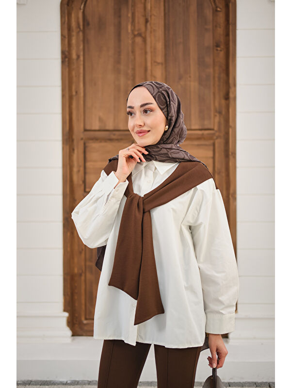 Locco Moda Kadın Yaka Bağlamalı Çift Renk Gömlek Kahverengi
